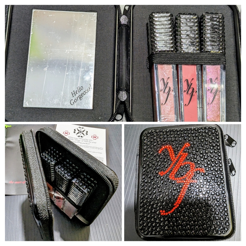 Ybf TINted Lip gloss trio & luxury zip bling case + mirror NIB. Taupe Mauve Pink